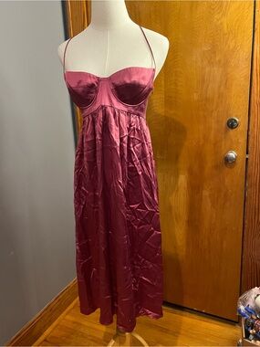 Sleeveless Satin Burgundy Midi Dress with Spaghetti Straps